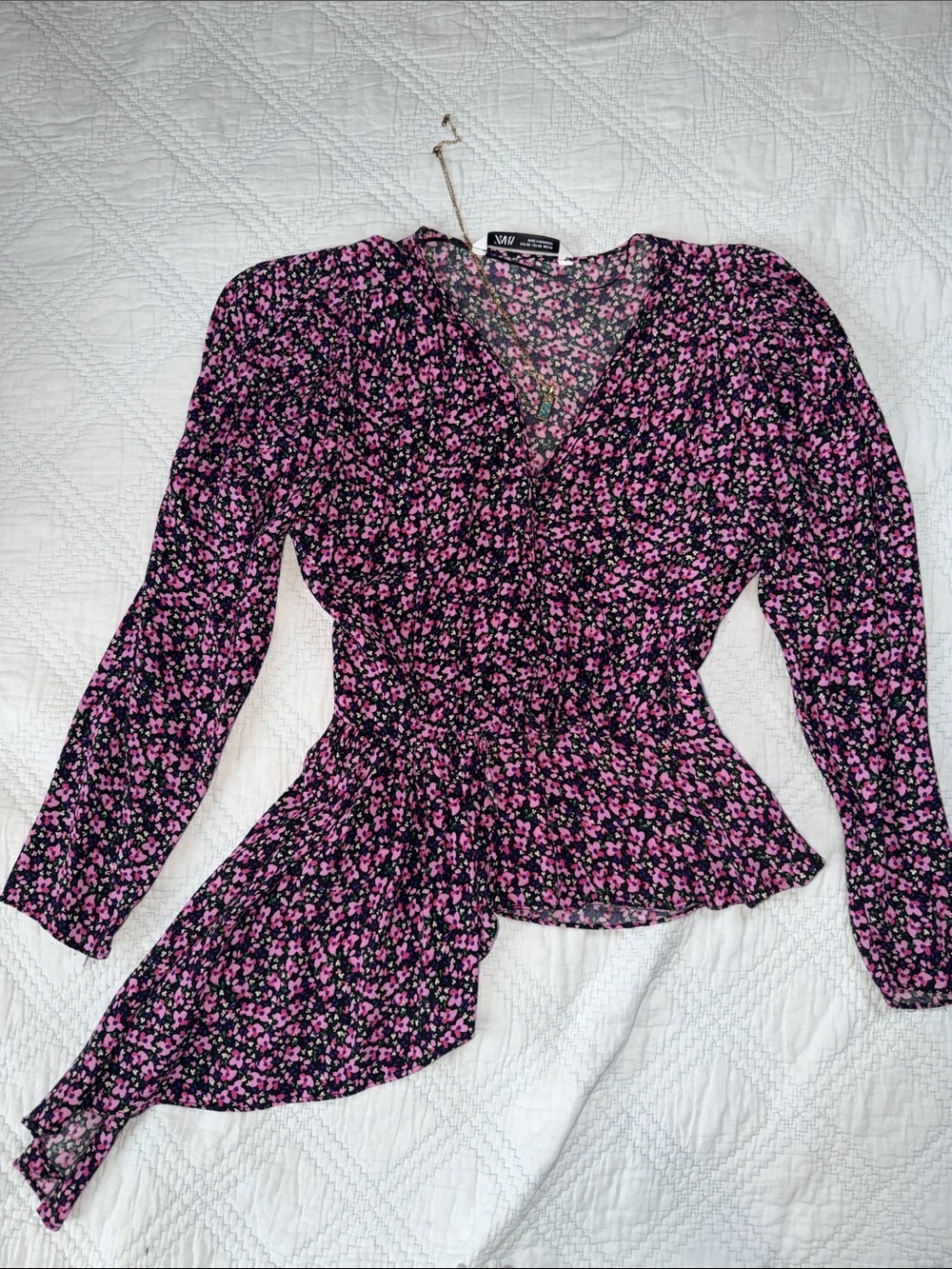 Zara Black and Pink Floral Wrap Peplum Blouse